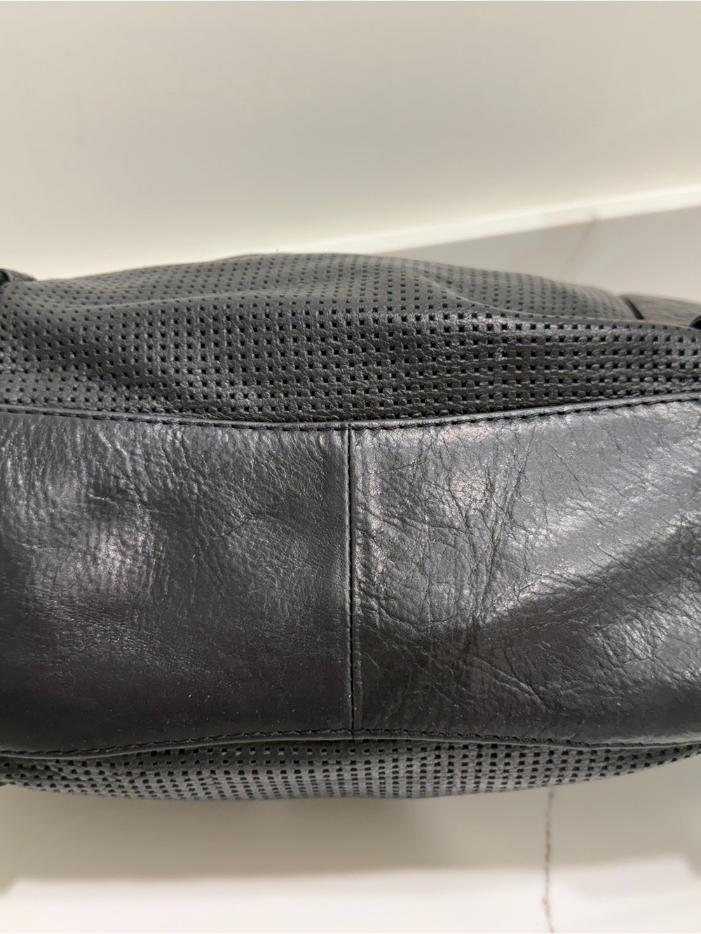 Women’s She + Lo, Black Perforated Leather Satchel Bag with Adjustable Strap - Picture 5 of 10